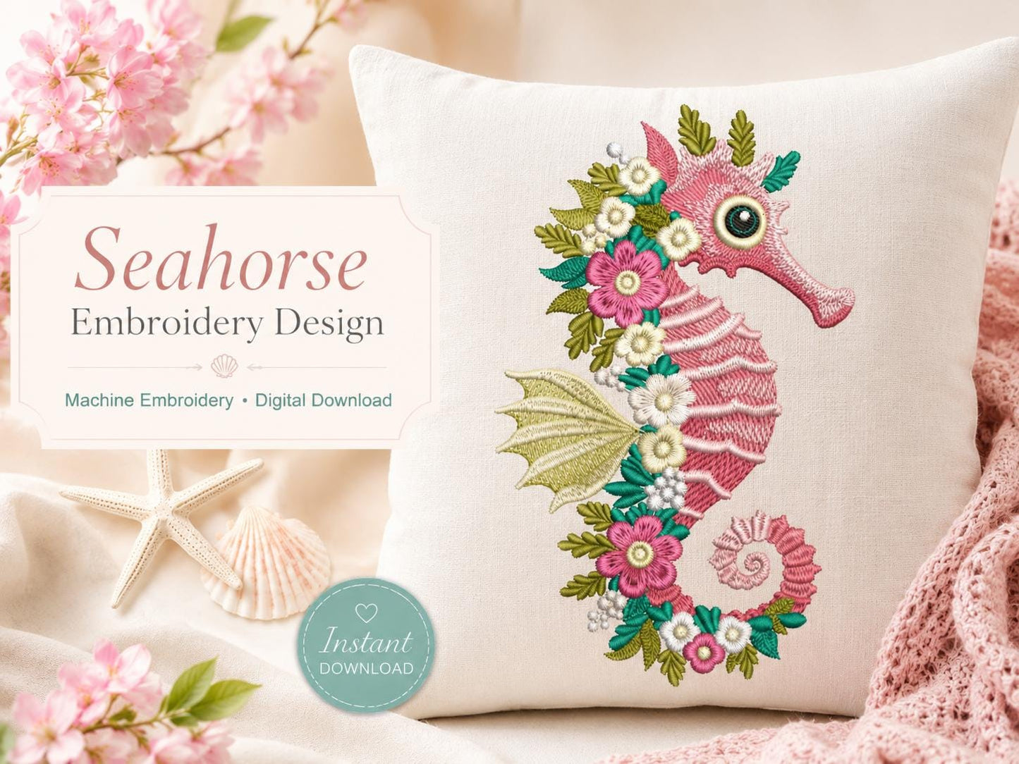 Ocean Seahorse Machine Embroidery Design,  Floral Botanical Machine Embroidery Design, Perfect for DIY Gifts, Home Décor, Apparel