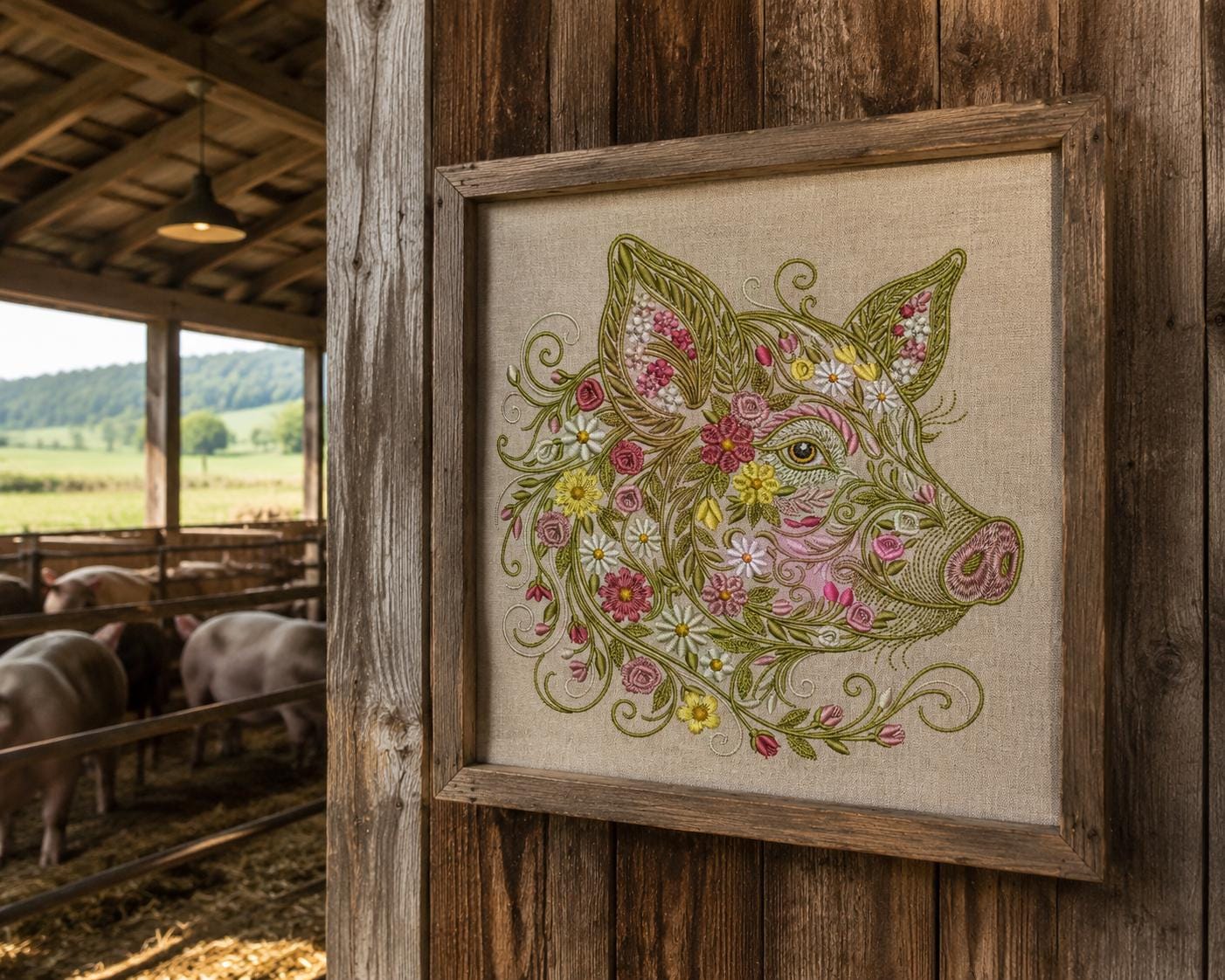 Floral Pig Embroidery Design: Boho Farm Animal Machine File (Instant Download)