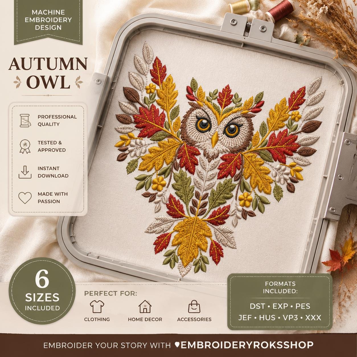 Autumn Owl Machine Embroidery Design - Fall Leaves and Owl - Perfect for Sweaters, Pillows, and Wall Art - Instant Download