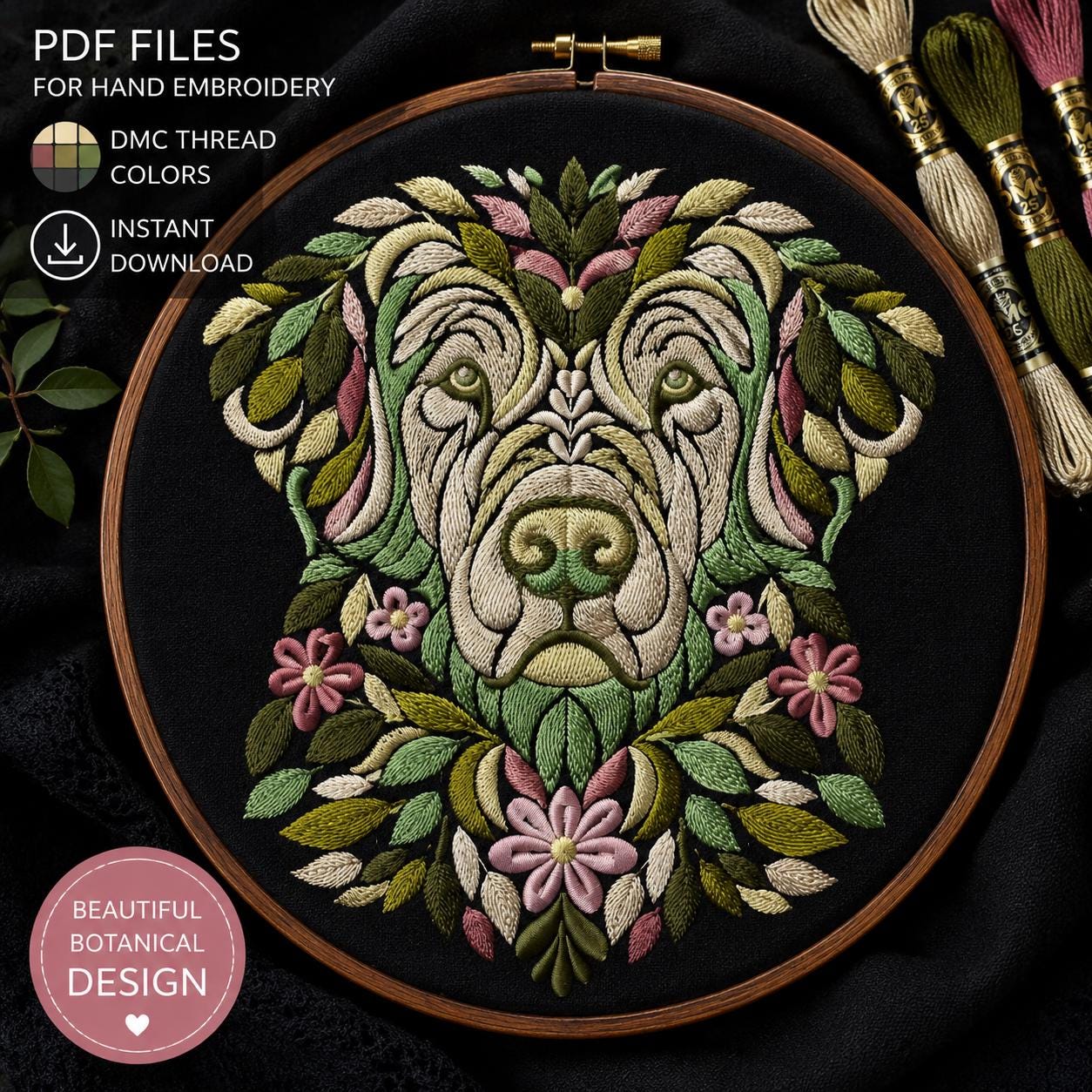 Golden Retriever Botanical Embroidery Pattern (PDF Download)