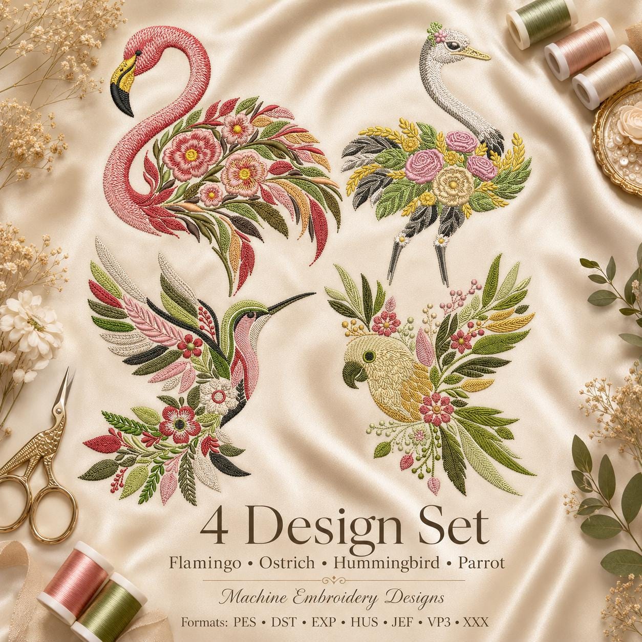Hummingbird Parrot Flamingo Ostrich Embroidery Design, Bundle Floral Bird Machine Embroidery Files PES DST JEF, Instant Download, Parrot pes