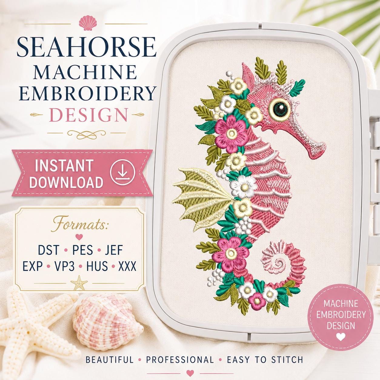 Ocean Seahorse Machine Embroidery Design,  Floral Botanical Machine Embroidery Design, Perfect for DIY Gifts, Home Décor, Apparel