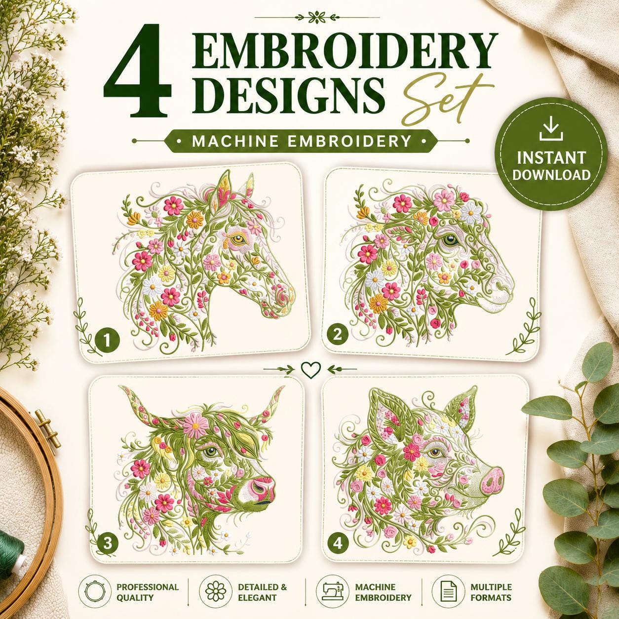 Floral Animal Embroidery Design Set Cow, Horse, Pig, Sheep, Floral Head Instant Download Machine Embroidery Files DST PES JEF Formats