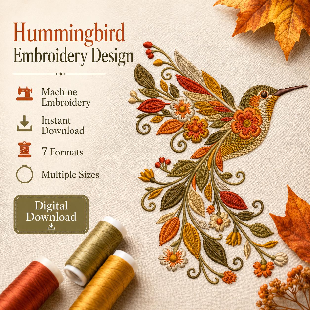 Autumn Hummingbird Machine Embroidery Design, Botanical Floral Bird Digital File