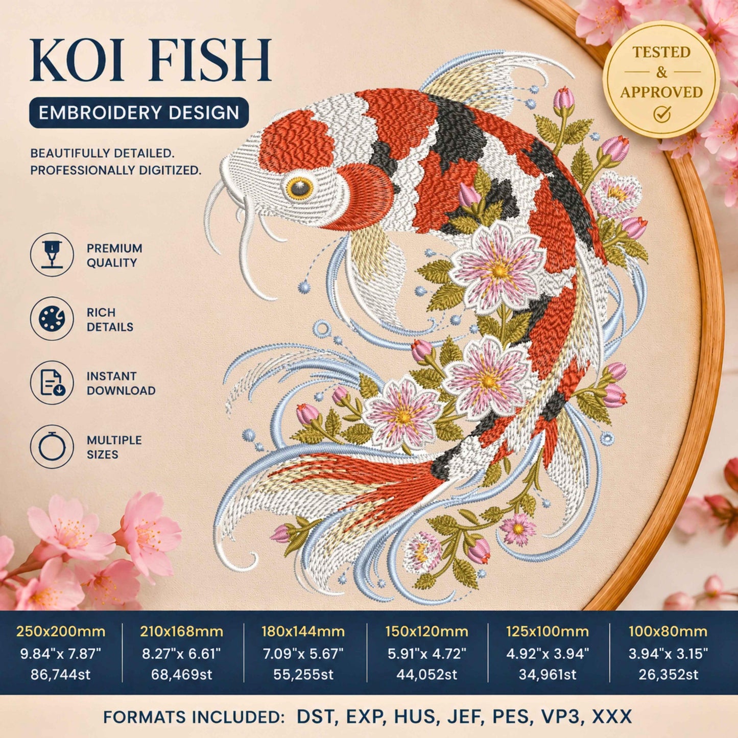 Koi Fish Machine Embroidery Design, Floral Koi Carp Embroidery Pattern, Japanese Fish Digital Download Sakura Embroidery File