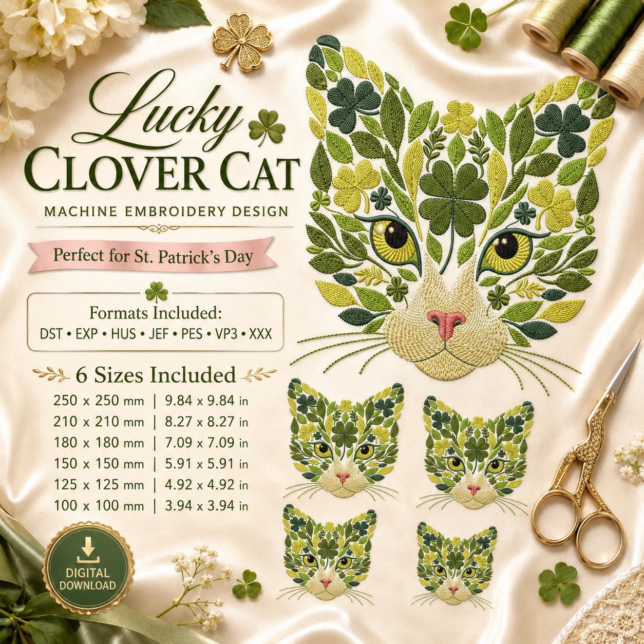 Floral Cat Face Embroidery Design – Lucky Clover Machine Embroidery Pattern (PES Download)